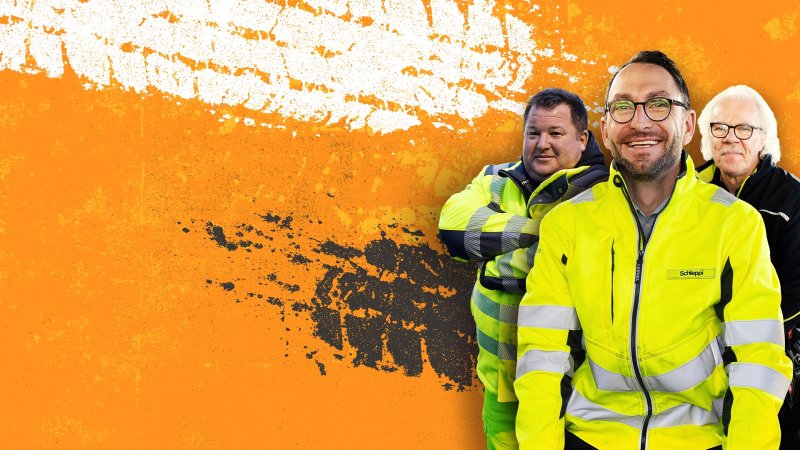 Abschlepp-Profi Björn Schleppi und sein Team vor orangenem Hintergrund mit Reifenspuren